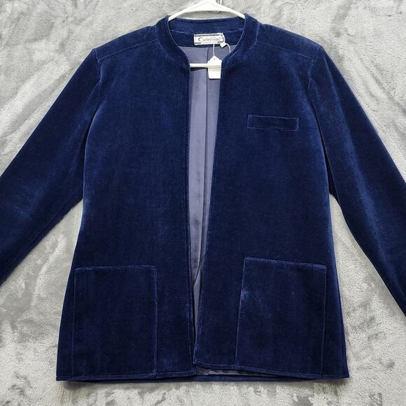 Vintage Catalina Jacket Womens 12 Blue Velvet Open Front Collarless Pockets - Picture 2 of 10